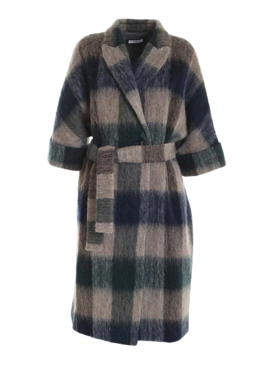 Shop Peserico Checked Coat Brown Green And Blue