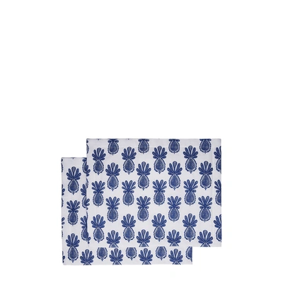 La Doublej Set Of Two Pineapple-print Linen Placemats In Pineapple Blu