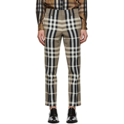 Shop Burberry Beige And Black Check Trousers In Dusty Sand