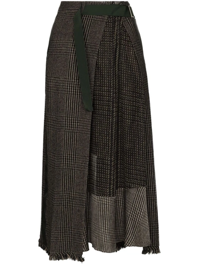 Shop Sacai Check Pattern Asymmetric Skirt In Neutrals