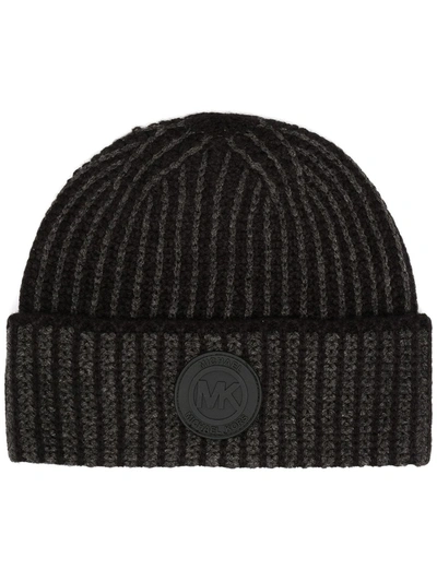 Shop Michael Kors Ribbed-knit Logo Patch Beanie In Black