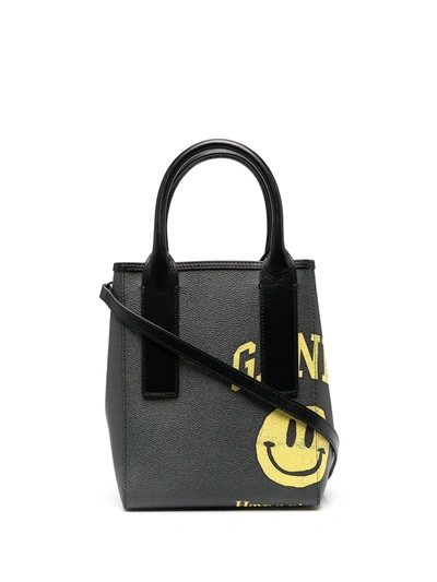 Shop Ganni Logo Smiley Face Tote Bag In Black