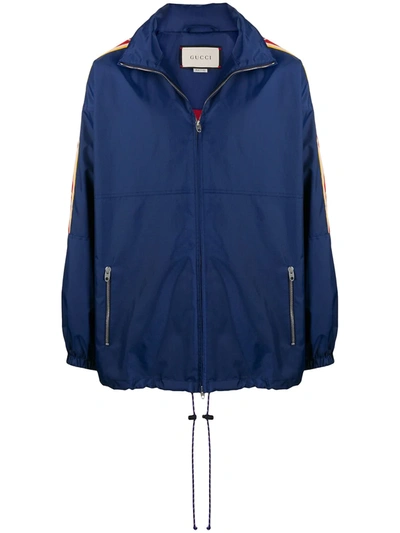 Shop Gucci Gg Web Zipped Hooded Jacket In Blue
