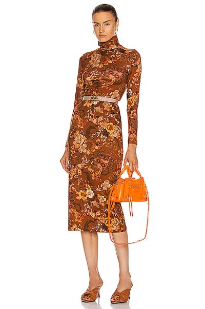 Shop Balenciaga Lone Sleeve Turtleneck Dress In Brown