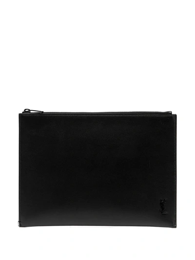 Shop Saint Laurent Tiny Monogram Tablet Holder In Black