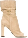 Jimmy Choo Mysen 100 Nude Suede Sandal Booties With Metal Chain Detail