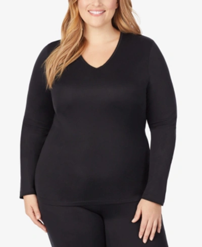 Shop Cuddl Duds Plus Size Softwear Lace-edge Long-sleeve V-neck Top In Black
