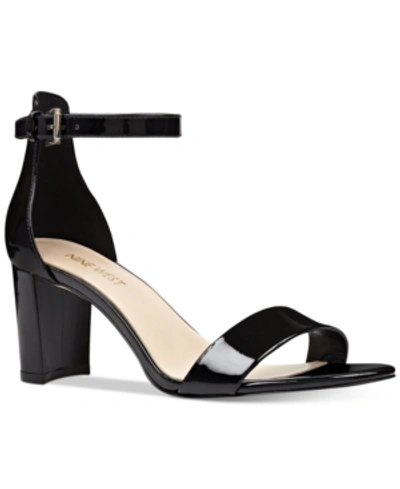 Shop Nine West Women's Pruce Round Toe Block Heel Dress Sandals In Black Patent