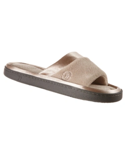 Shop Isotoner Signature Isotoner Women's Microterry Satin Trim Wider Width Slide Slippers In Stone