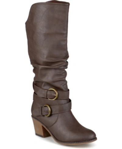 Journee Collection Women's Late Wide Calf Rouched Buckle Mid Shaft Block Heel Boots In Dark Brown