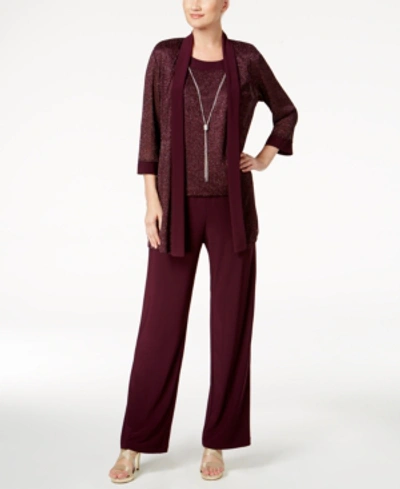 R & M Richards Metallic Pantsuit, Shell & Necklace Set In Eggplant