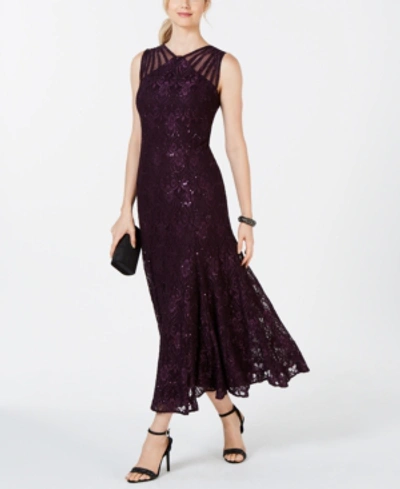 Shop R & M Richards Women's Long Embellished Illusion-detail Lace Gown In Plum