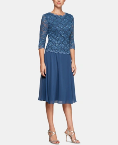 Shop Alex Evenings Sequined Lace Contrast Dress In Wedgewood