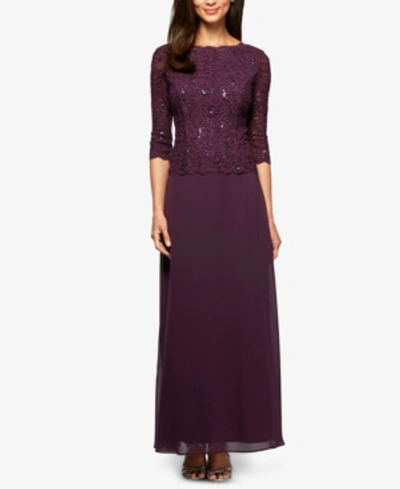 Shop Alex Evenings Women's Sequin Embellished Lace Top Gown In Deep Plum