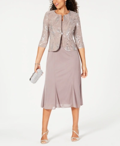 Shop Alex Evenings Petite Sequined A-line Midi Dress And Jacket In Pewter