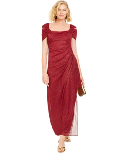 Shop Alex Evenings Cold-shoulder Draped Metallic Gown Regular & Petite Sizes In Wine Red