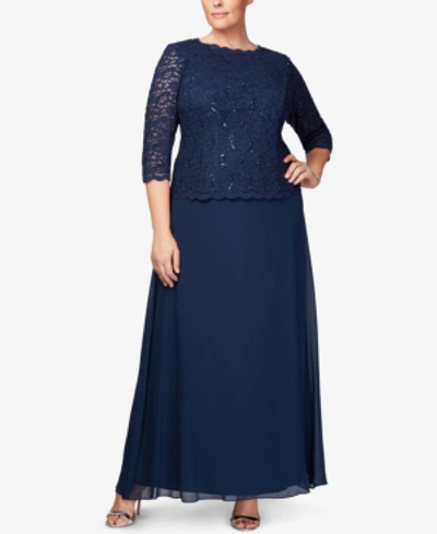 ALEX EVENINGS PLUS SEQUINED SCALLOPED EDGE LACE TOP GOWN 