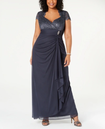 Betsy & Adam Petites Womens Sequined Ruched Evening Dress In Charcoal Gray