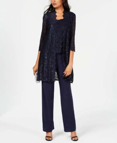 Shop R & M Richards 3-pc. Sequined Lace Pantsuit & Jacket In Navy