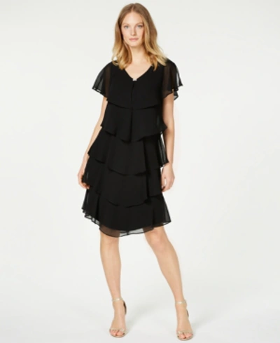 Shop Sl Fashions Tiered Rhinestone Capelet Dress In Black