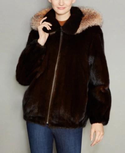Shop The Fur Vault Mink Fur Hooded Bomber Jacket In Mahogany/crystal
