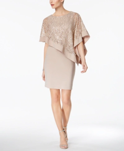 Shop R & M Richards Sequined Cape Sheath Dress In Champagne
