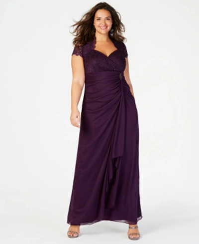 Shop Betsy & Adam Plus Size Sequined-lace Ruched Gown In Eggplant Purple