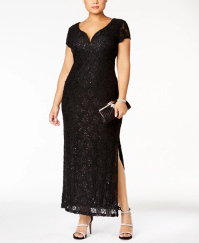 Connected Plus Size Sequined Lace Gown In Black