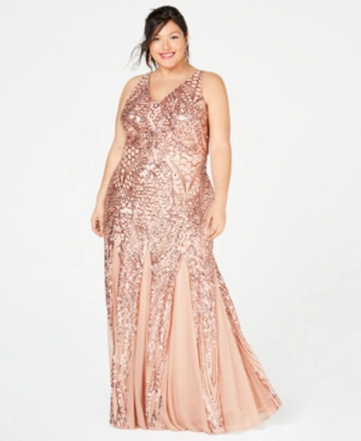 Shop Nightway Plus Size Sequined Mesh Gown In Rose Gold