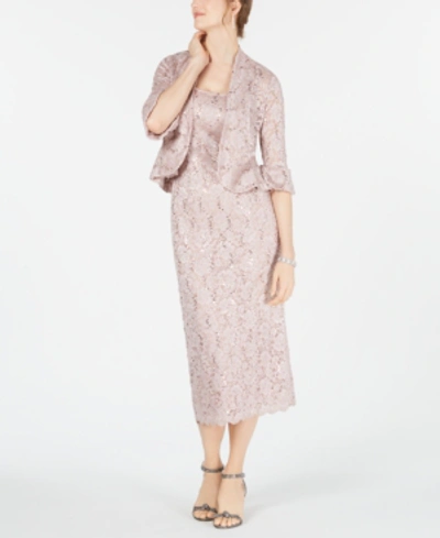 R & M Richards Sequined Lace Midi Dress And Jacket In Blush