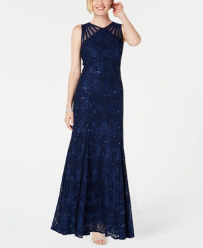 Shop R & M Richards Women's Long Embellished Illusion-detail Lace Gown In Navy