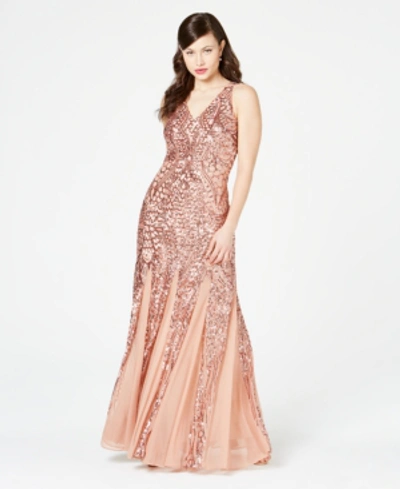 Shop Nightway Sequined Mesh Gown In Rose Gold