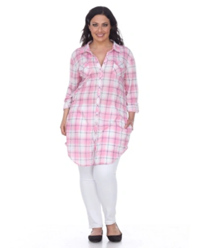 White Mark Plus Piper Stretchy Plaid Tunic In Pink White