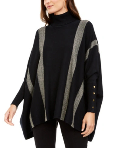 Shop Alfani Striped Poncho Sweater, Created For Macy's In Black Silver