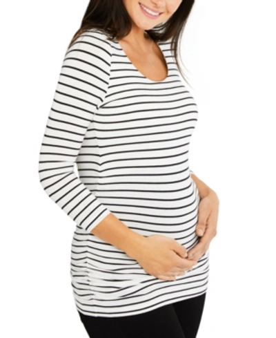 Shop A Pea In The Pod Luxe Side Ruched 3/4 Sleeve Maternity T Shirt In White - Black Stripe