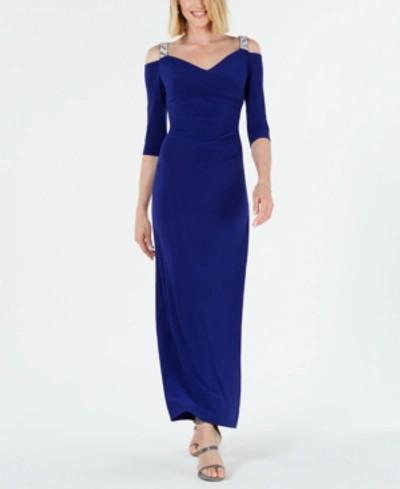 R & M Richards Embellished Cold-shoulder Gown In Electric Blue