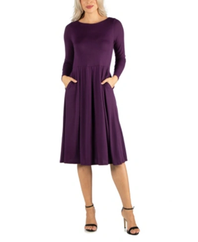 Shop 24seven Comfort Apparel Women's Midi Length Fit And Flare Pocket Dress In Purple