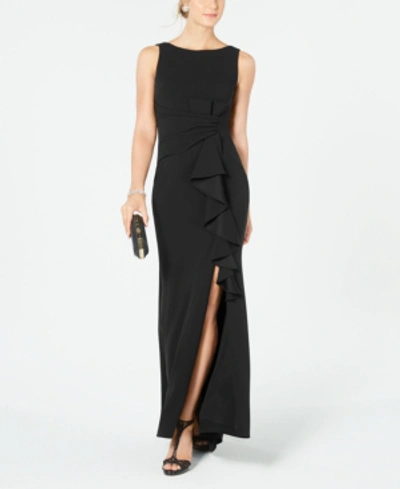 Shop Betsy & Adam Women's Sleeveless Ruffle-detail Gown In Black