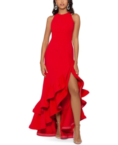 Shop Betsy & Adam Tiered Ruffles Scuba Crepe Gown In Red