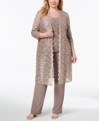 Shop R & M Richards 3-pc. Plus Size Sequined Lace Pantsuit & Shell In Champagne