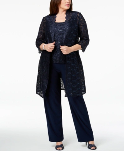 Shop R & M Richards 3-pc. Plus Size Sequined Lace Pantsuit & Shell In Navy