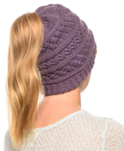 Shop Angela & William Messy Bun Ponytail Crochet Beanie In Lavender