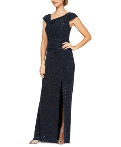 Shop Alex Evenings Asymmetrical-neck Glitter Gown In Navy