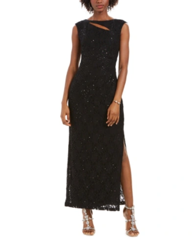 Connected Cutout Sequined Lace Gown In Black