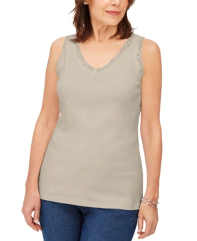 Petite Cotton Lace-trim Tank Top, Created For Macy's In Pebble