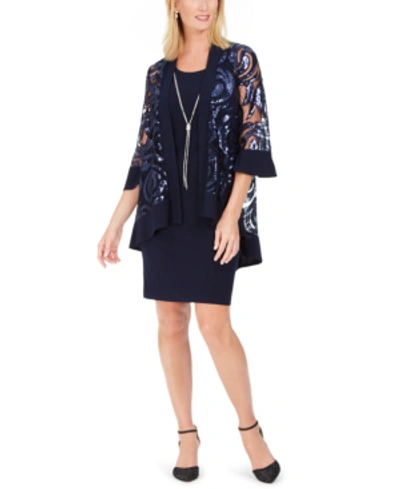 Shop R & M Richards 2-pc. Printed Jacket & Necklace Dress In Navy
