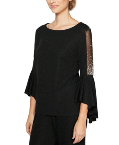 Shop Alex Evenings Metallic-knit Embellished Bell-sleeve Top In Black