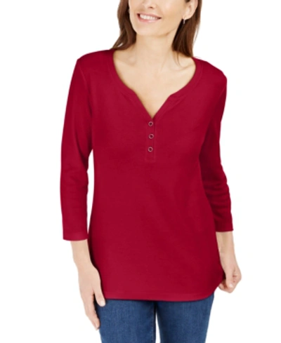 Shop Karen Scott Petite 3/4-sleeve Henley Shirt, Created For Macy's In New Red Amore
