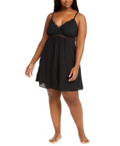 Shop Inc International Concepts Plus Size Lace Chiffon Nightgown, Created For Macy's In Deep Black