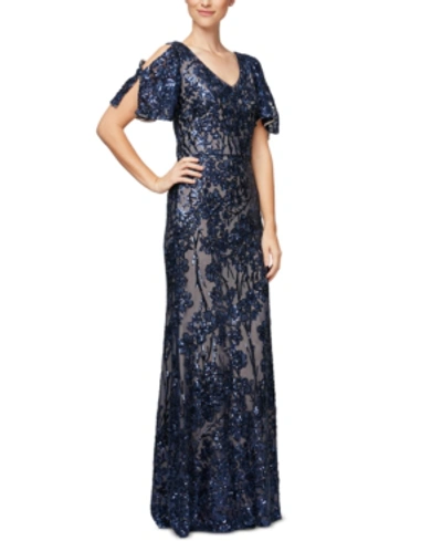 Shop Alex Evenings Women's Sequin Embellished Split-sleeve Gown In Navy Blue